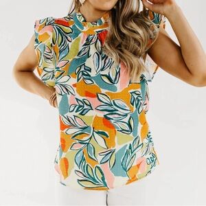 THML NWOT Floral Multicolor Ruffle Sleeve Top